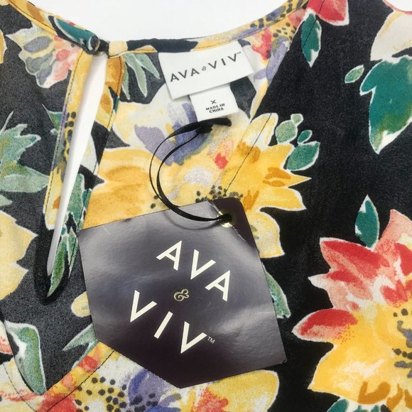Ava & Viv Women Blouse Plus Sz X 14W Floral Print Top Black Yellow Ruched Sleeve - Picture 8 of 10